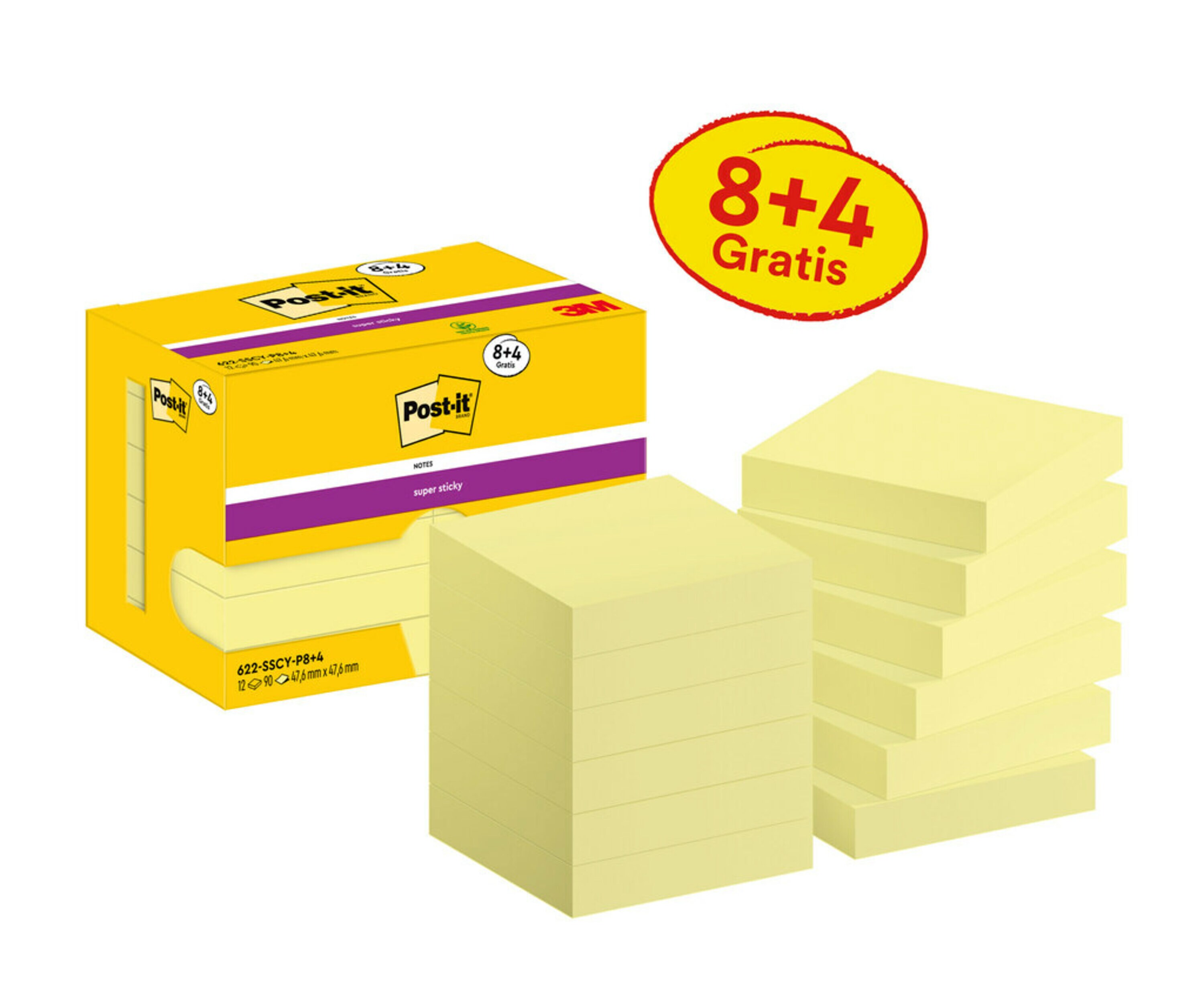 Post-it® Super Sticky Notes, jaune, 47,6 mm x 47,6 mm, Promotion, 90 feuilles/bloc, 8 blocs + 4 gratuits/paquet, emballage en carton, 100 % PEFC, SGSCH-PEFC-COC-110078