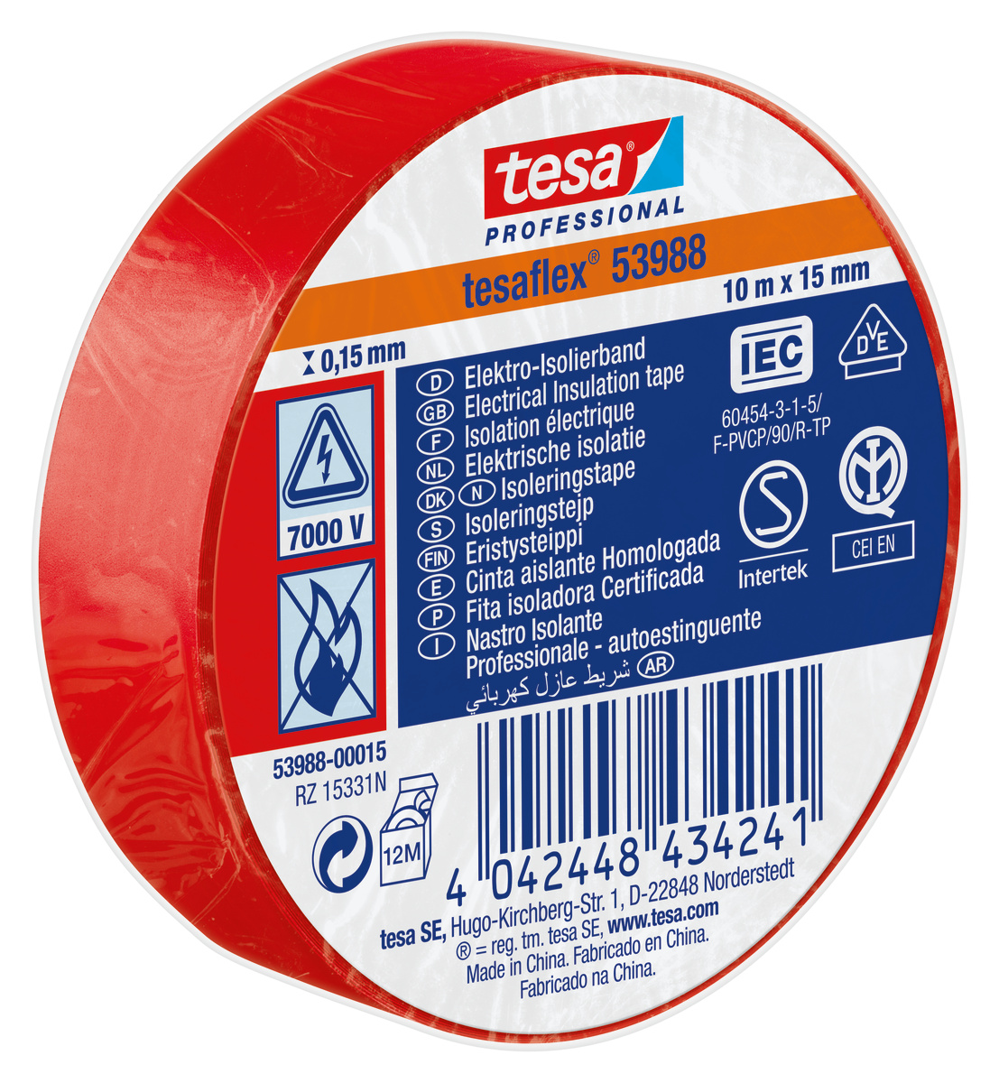 tesa® Professional 53988 Isolierband 7000V, 10m x 15mm, rot