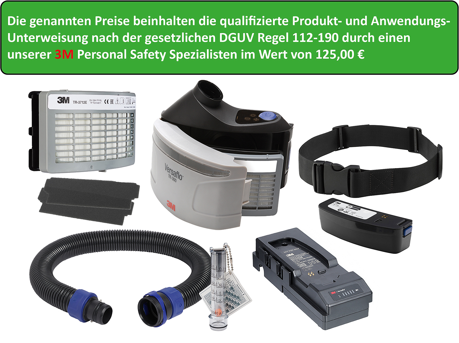 3M™ Versaflo™ Gebläseatemschutz-System TR-315E+ Starterpaket bestehend aus: TR-302E+, P-Filter, Vorfilter, Funkensperre, Standardgürtel, Hochleistungsbatterie, Ladegerät & BT-30 längenverstellbarer Luftschlauch