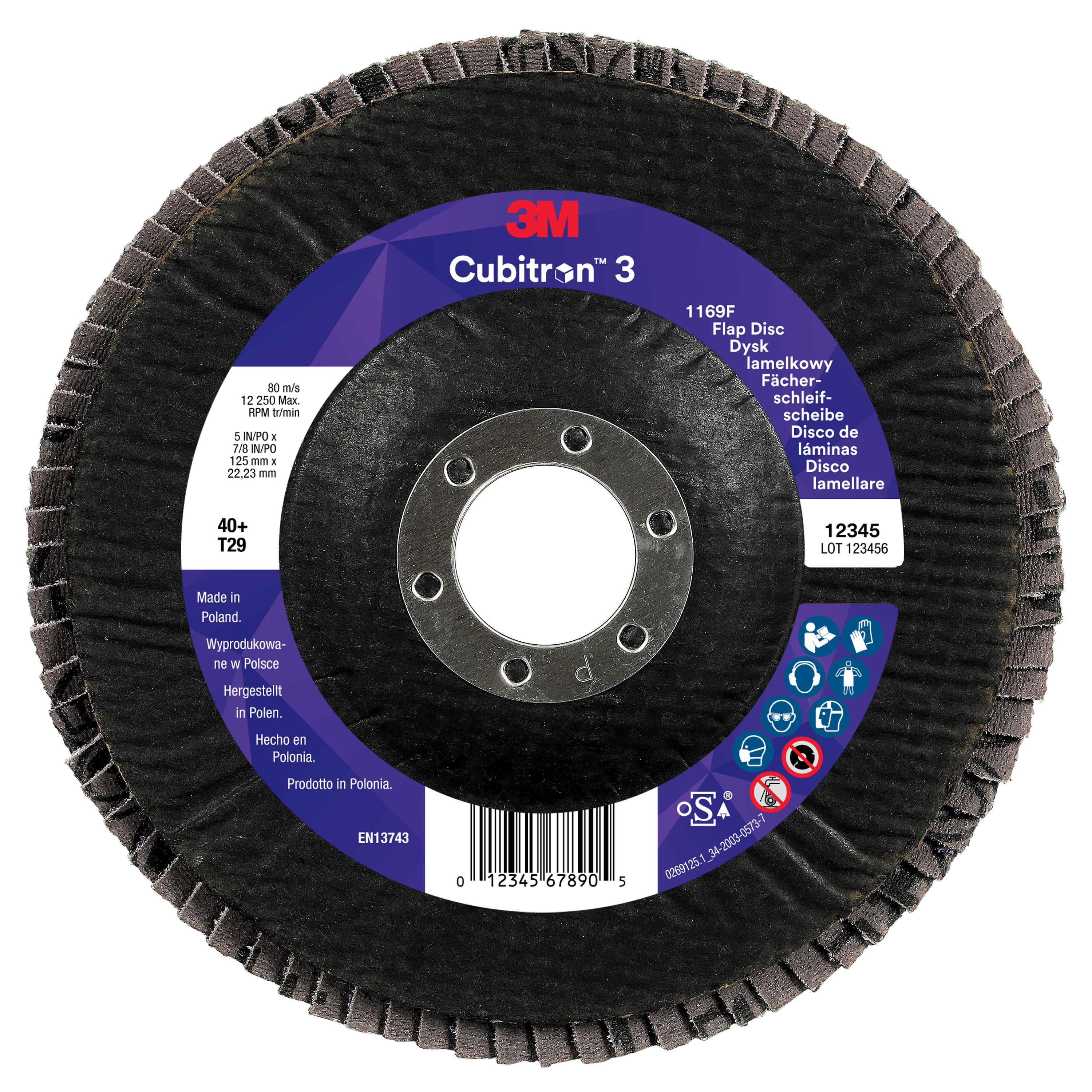 3M™ Cubitron™ 3-Flap Sanding Disc 1169F, 40+, T29 Tapered, 125 mm x 22.23 mm, 10 per pack, 100 pieces per pack