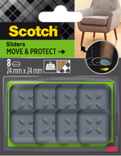Patins Scotch® Move & Protect SP62A08, auto-adhésifs, gris, 24 mm x 24 mm, lot de 8 – 100 kg