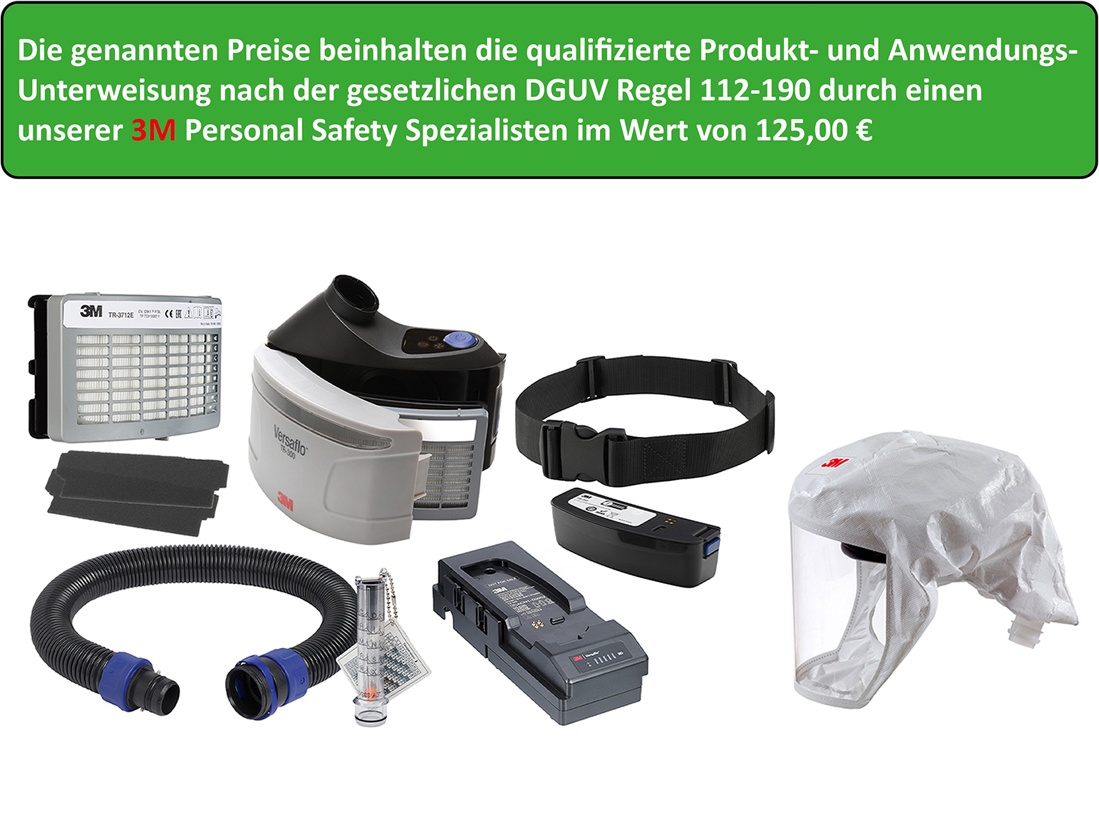 3M™ TR-315E Complete Starter Pack, including training in accordance with Section 3(1) of the ‘Personal Protective Equipment (PPE) Use Regulation’  
in conjunction with Section 31 of DGUV Regulation 1