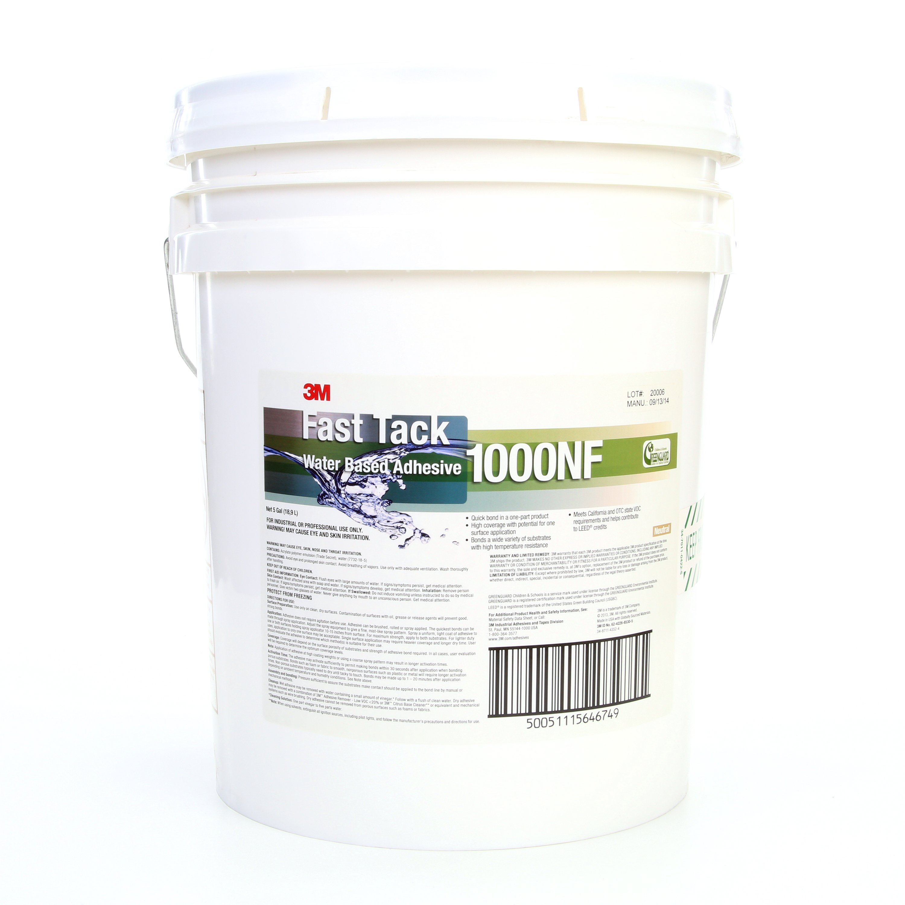 3M™ Fast Tack Water-Based Dispersion Adhesive 1000NF, Neutral, 18.92 L