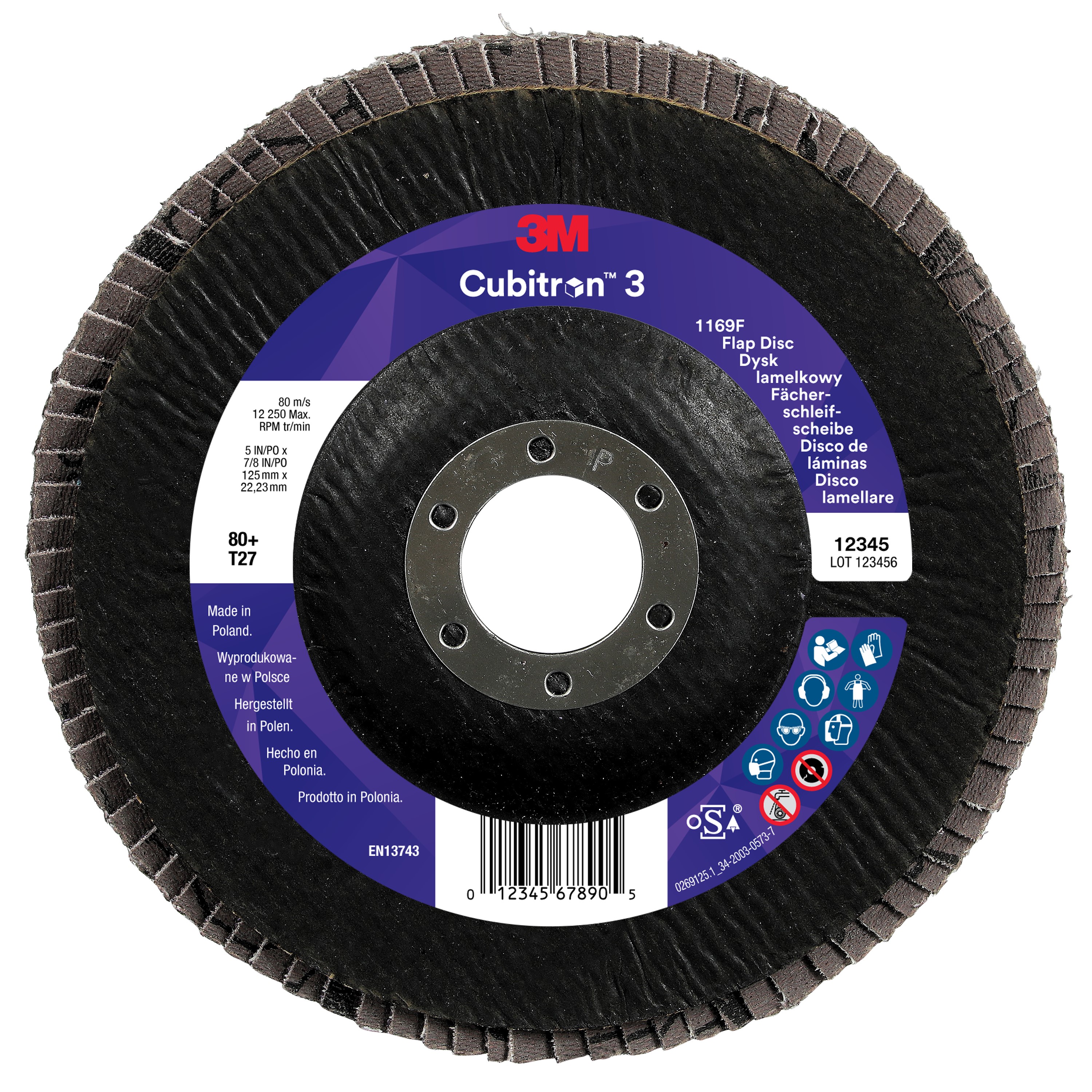 3M™ Cubitron™ 3-Flap Sanding Disc 1169F, 80+, T27 Flat, 125 mm x 22.23 mm, 10 per pack, 100 pieces per pack