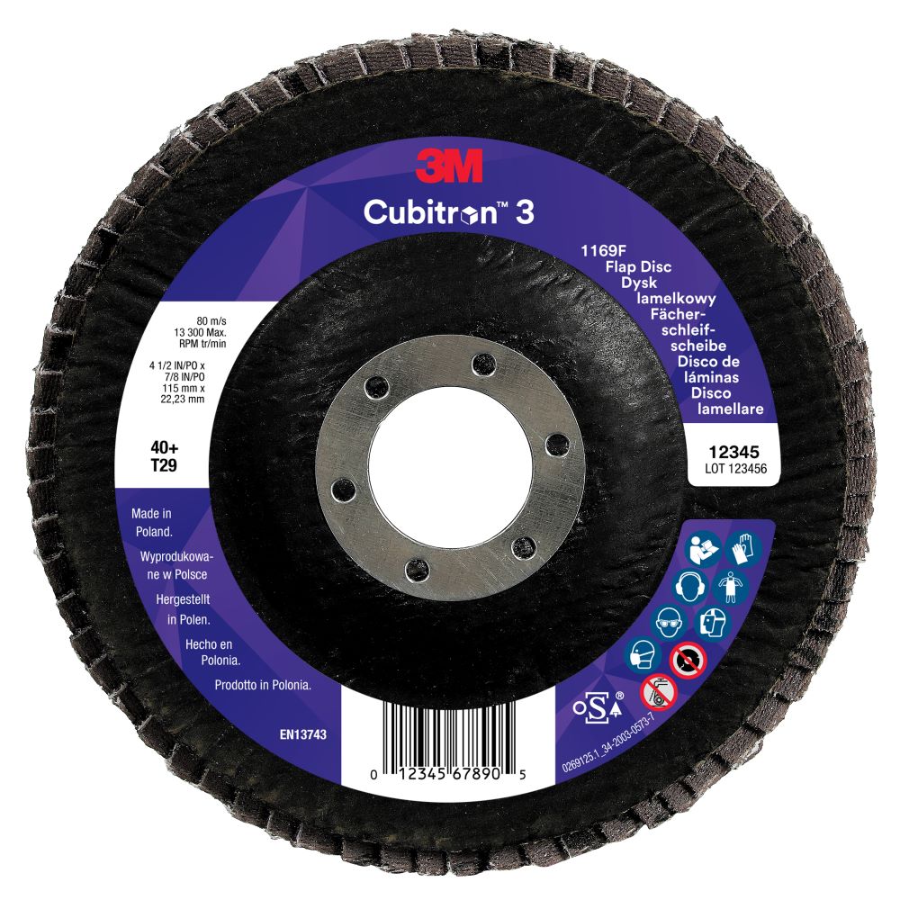 3M™ Cubitron™ 3 Fächerschleifscheibe 1169F, 40+, T29-Konisch, 115 mm x 22,23 mm, 10/Pack, 100 Stück/Packung